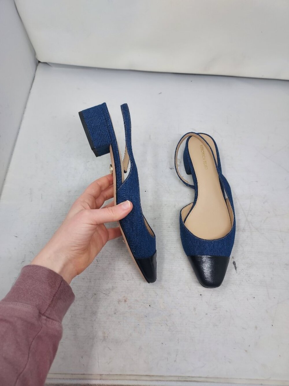 Veronica Beard Cecile Denim Blue Black Cap-Toe Slingback Shoe